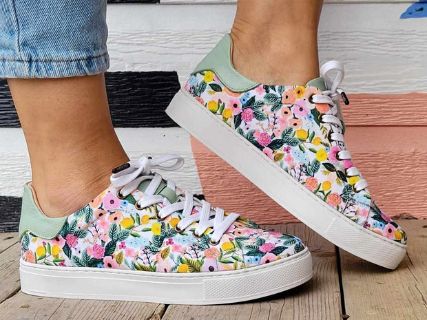Flowers Canvas & Turquoise  Leather-Sneaker