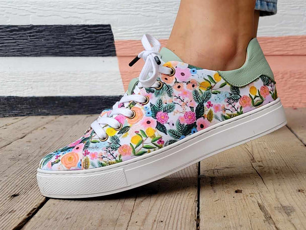 Flowers Canvas & Turquoise  Leather-Sneaker