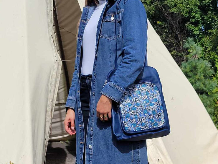Blue Leather whit Flower- 3 in 1 Backpack