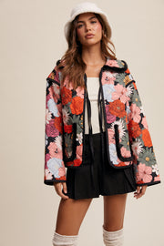 Floral Print Tie front Furry Detail Quilted Jacket