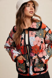 Floral Print Tie front Furry Detail Quilted Jacket