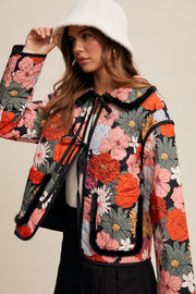 Floral Print Tie front Furry Detail Quilted Jacket