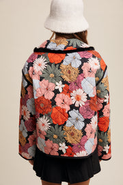 Floral Print Tie front Furry Detail Quilted Jacket