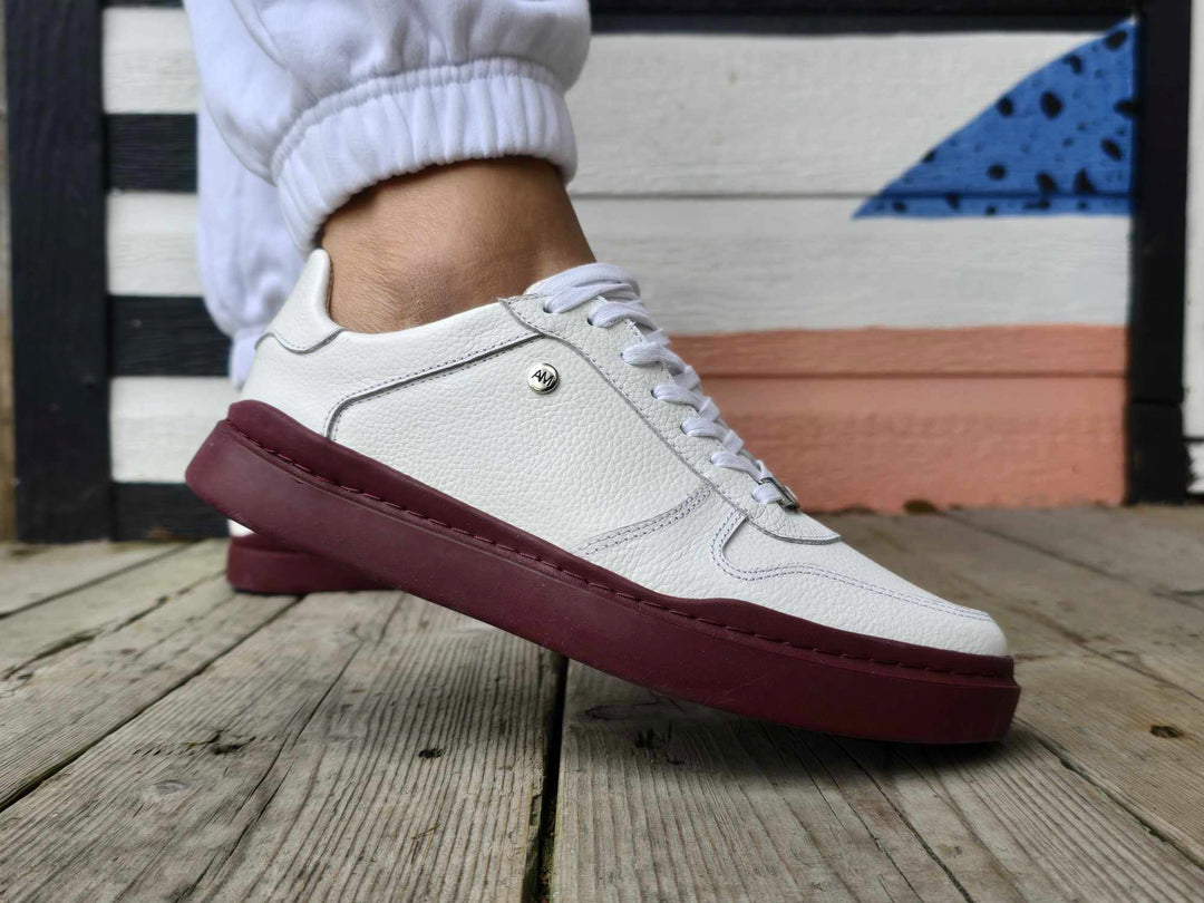 White Leather Burgundy Sole