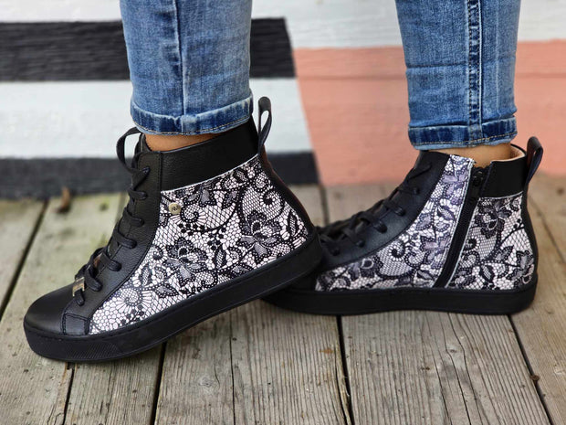 High top Black & Print Leather Sneakers with Black Sole