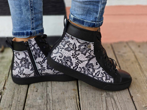 High top Black & Print Leather Sneakers with Black Sole