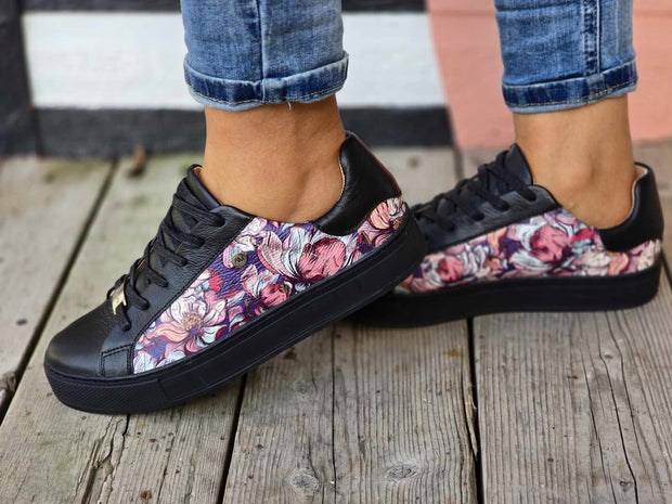 Black Leather With Print Flowers Leather+Black Sole Sneaker