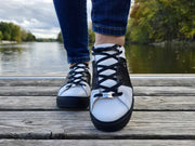 Black Leather & White With Print Cnvas+Black Sole Sneaker