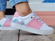 White Leather Sneakers with Pink Leather and Print Canvas Flowers