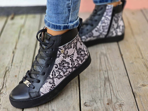 High top Black & Print Leather Sneakers with Black Sole