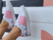 White Leather Sneakers with Pink Leather and Print Canvas Flowers